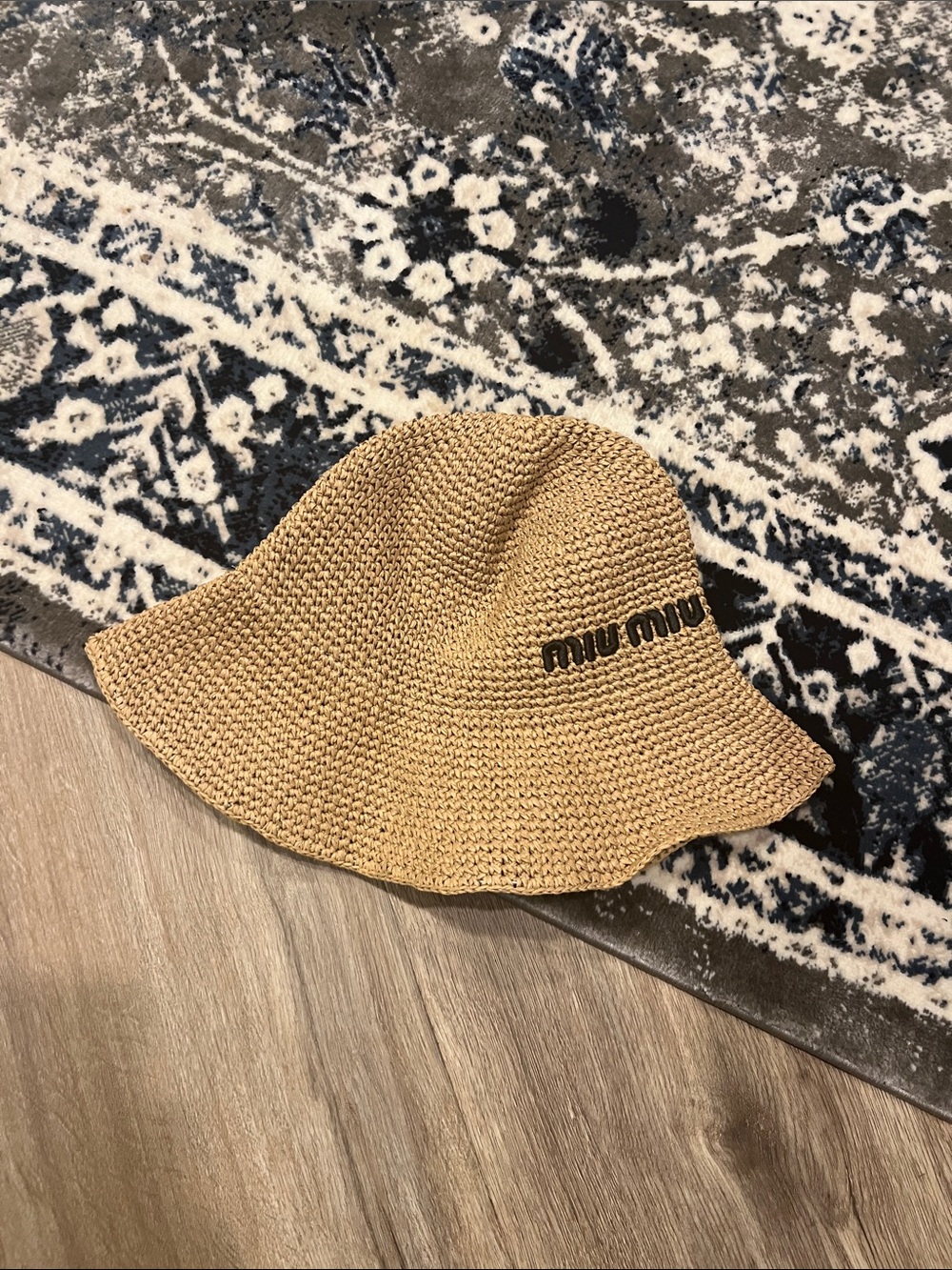 Miu Miu Natural Tan Woven Bucket Hat with Logo